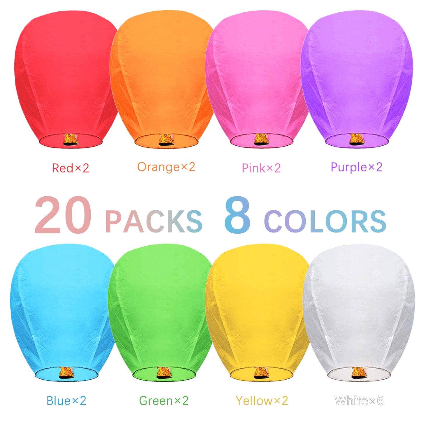 20 Pack Multi-Colored Chinese Lanterns to Release in Sky Memorial, Wishing Paper Lanterns for Party Supplies Anniversary Festival Birthday Celebrations